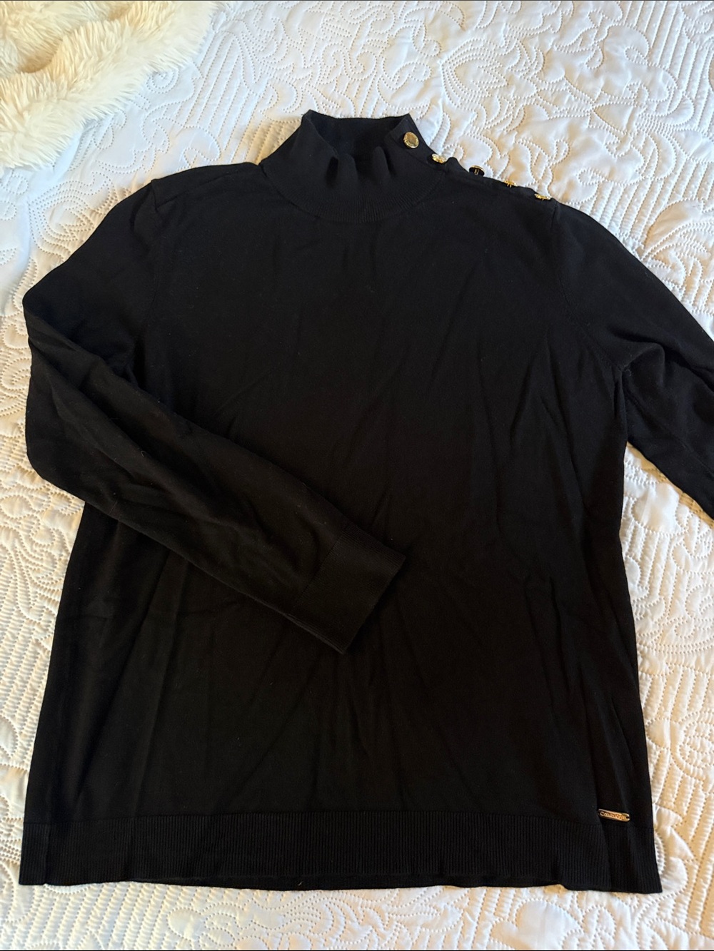 Calvin Klein Black Turtleneck Sweater with gold shoulder Button Detail